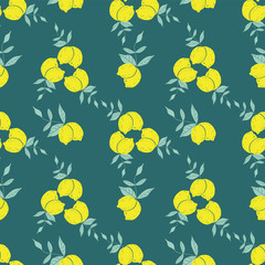 Seamless pattern of three pairs of lemons with leaves with dark green background. Vector with swatch.