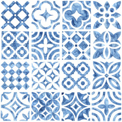 Tile seamless watercolor pattern. Blue and white patchwork style ornament. Hand made paint on paper. Print for textiles. Vector illustration.