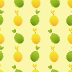 Pop-art style  seamless pattern of citrus fruits in orange,  and yellow, leaves. Vector with swatch.