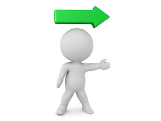 3D Character with arrow above him that points to the right