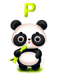 Cute cartoon panda with a bamboo and a letter of the alphabet