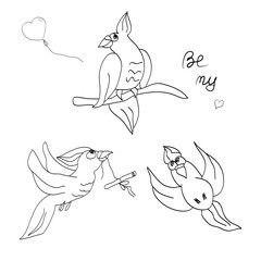 Parrot love birds set clipart outline on white background, isolated vector