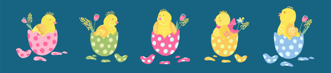Collection of colorful easter eggs with cute little chickens in them. Great for Easter products design. Hand drawn vector illustration isolated on dark background.
