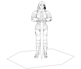 warrior woman character, 3D illustration, sketch, outline