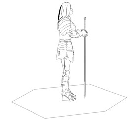 warrior woman character, 3D illustration, sketch, outline