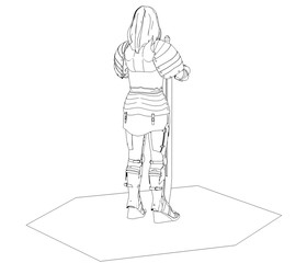warrior woman character, 3D illustration, sketch, outline