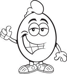 Black and white illustration of a smiling egg giving a thumbs up.