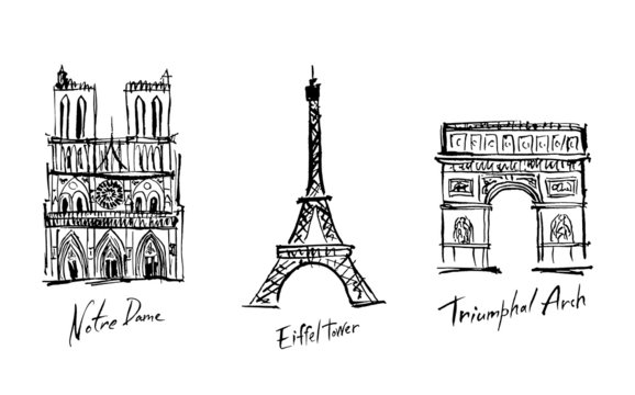Sights of France: Eiffel Tower, Notre Dame, Arc de Triomphe.