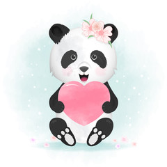 Cute panda and heart hand drawn animal illustration watercolor