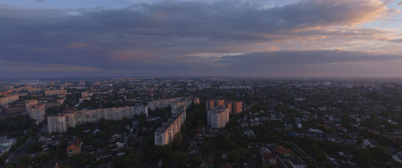 Aerial view of sunset in Zhytomyr city, Ukraine. Great sunrise.