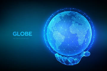 Earth globe illustration. World map point and line composition concept of global network connection. Blue futuristic background with planet Earth in wireframe hand. Vector illustration.