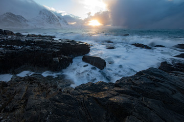 Lofoten islands traditional landscape of Norwegian nature.