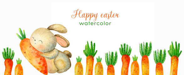 Watercolor painting of Easter day's card. Rabbit and carrot egg on the garden. Design for card, poster, postcard, wallpaper, letter.