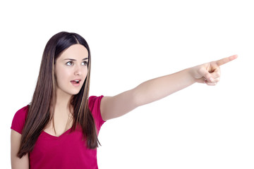 Fototapeta premium young girl pointing her finger showing direction