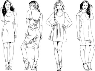 vector drawings on the theme of beautiful slim sporty girl in casual clothes in various poses painted ink hand sketch with no background