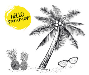 Hello Summer, palm tree, glasses, pineapple. Hand drawn illustration. 