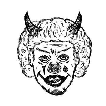 Portrait of evil clown with horns and grin. A sketch, grunge, doodles. Isolated vector illustration drawn by hand.