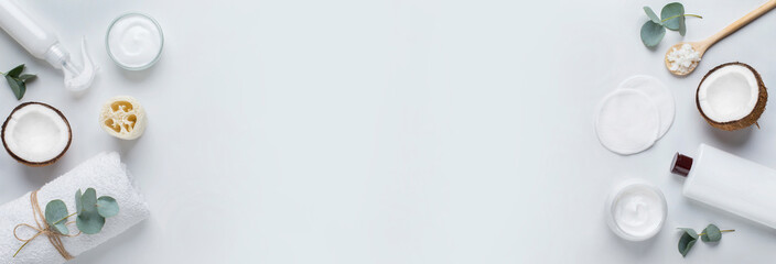 Homemade coconut products on gray background, copy space