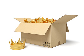 3d rendering of cardboard box full of golden crowns.