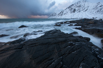 Lofoten islands traditional landscape of Norwegian nature.