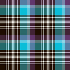 Seamless pattern in dark brown, white, bright blue and purple colors for plaid, fabric, textile, clothes, tablecloth and other things. Vector image.