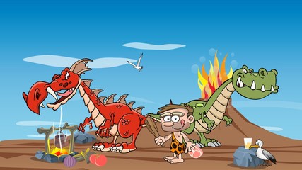 Höhlenmensch bereitet Essen zu, Dinosaurier, BBQ © Andre B.