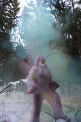 Yeti fairy tale character in winter forest. - obrazy, fototapety, plakaty