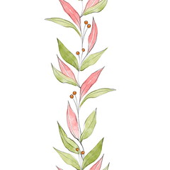 Watercolor seamless pattern with green leaves on white. Hand-drawn border