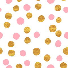 Abstract seamless dot pattern. Dry brush ink illustration. Pink and gold