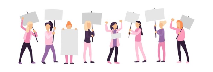 Women empowerment protest isolated on white vector illustration. Female activists holding blank placards flat style. Feminist demonstration and girl power movement concept