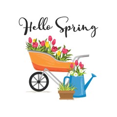 Fototapeta na wymiar Hello spring greeting cute card with flowers and lettering vector illustration. Pink and yellow bloossoms in containers flat style design. New season and congratulation concept. Isolated on white