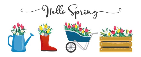 Hello spring cute card with blossoms and lettering vector illustration. Blooming flowers in shoe wooden box and watering can flat style. Greeting template and warm season concept. Isolated on white © Microstocker.Pro