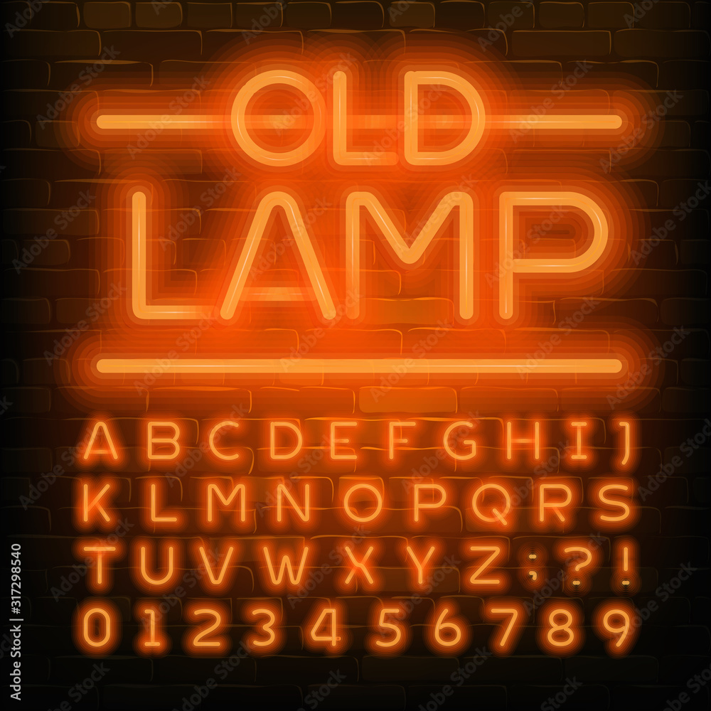 Fototapete old lamp alphabet font. orange neon retro letters and numbers. brick wall background. stock vector t