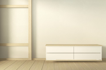 interior, Cabinet wooden in modern living room japan style on white wall background,3d rendering