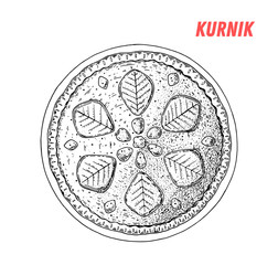 Russian kurnik chicken pie hand drawn illustration. Russian cuisine. Linear graphic. Food sketch. © DiViArts