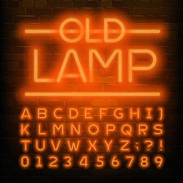 Old Lamp alphabet font. Orange neon retro letters and numbers. Brick wall background. Stock vector typescript for your typography design.