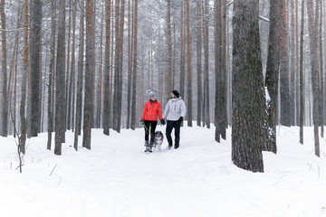 Fototapeta na wymiar young couple walking a dog in the winter forest