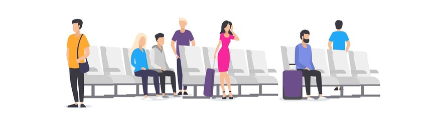 Cartoon people at airport waiting for airplane vector illustration. Faceless men and women with suitcases in waiting room flat style design. Arrival and departure, travel concept
