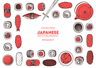 Sushi and rolls vector illustration. Hand drawn sketch. Japanese food menu design. Vintage vector elements for japanese cuisine menu. Retro style design. Food and drink collection. Sushi sketch.