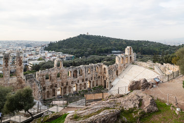 Fototapeta na wymiar Odeon of Herodes Atticus, Acropolis, Athens, Greece. The Odeon of Herodes Atticus is a stone theatre structure located on the southwest slope of the Acropolis of Athens