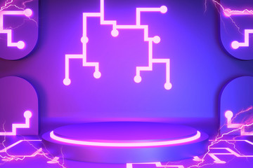 Game concept gradients purple and blue abstract podium showcase. 3D rendering