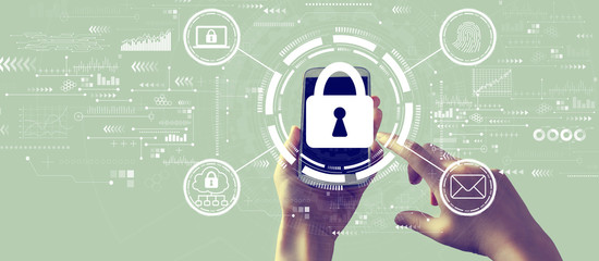 Internet network security concept with person holding a white smartphone