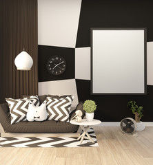 Interior mock up black and white living room with black sofa on floor wood. 3D rendering..