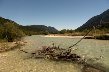 River in the nature reserve with washed-up roots and a broad stream bed