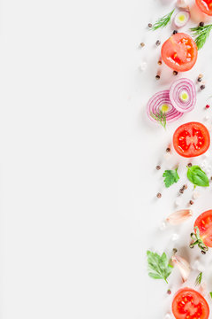 Fresh Cherry Tomatoes With Basil, Herbs And Spices On White Background, Copy Space For Text Top View. Ripe Raw Vegetables Flatlay. Cooking Food Background, Simple Pattern