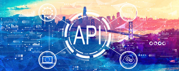 API - application programming interface concept API concept with aerial view of the Bay Bridge in San Francisco