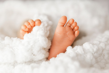 Closeup of newborn feet in a selective focus on a white blanket