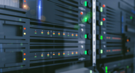 Server units in cloud service data center showing flickering light indicators for massive data...