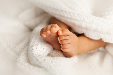Newborn baby feet under the white blanket, closup of  infant barefeet