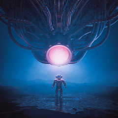 My masters voice / 3D illustration of retro science fiction scene showing astronaut encountering giant alien robot machine intelligence © grandeduc
